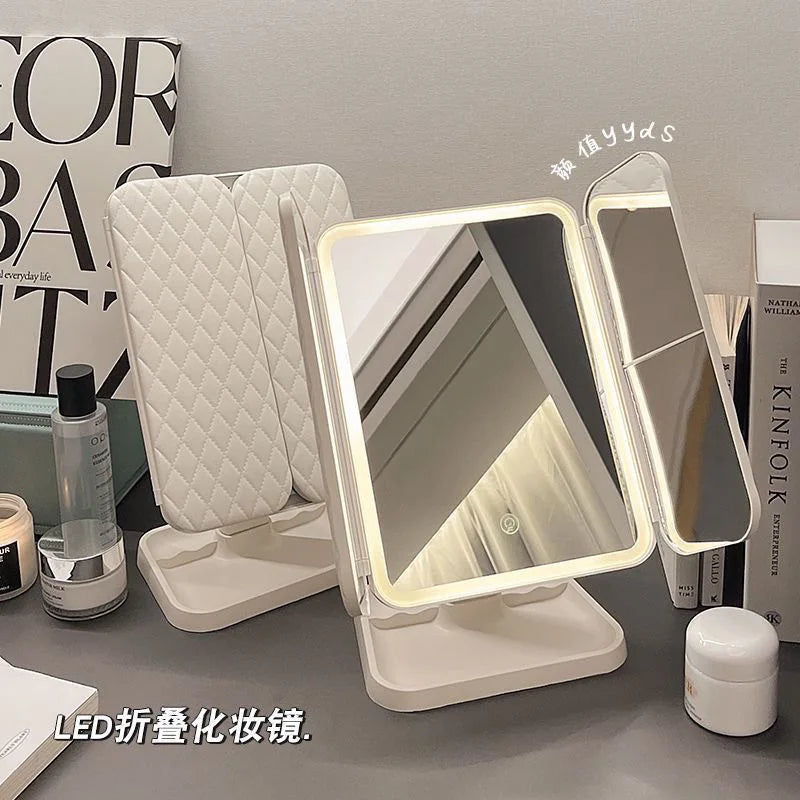 Smart LED Makeup Mirror 270° Rotatable Tri-Fold Vanity Mirror Touch Screen Dimmable Rechargeable Beauty Mirror for Desktop