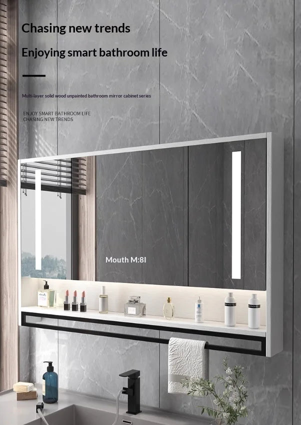 Bathroom Mirror LED Backlit Smart Anti Fog Touch Sensor Mirrored Cabinet Wall Mounted Storage Shelf Vanity Mirror Household