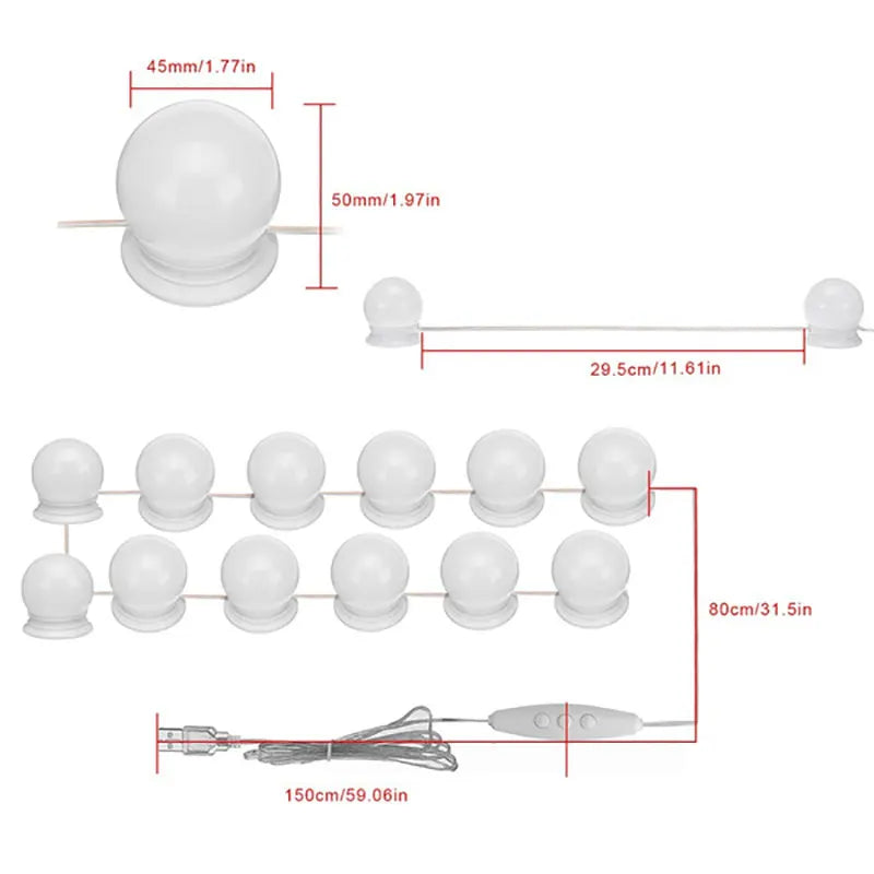 Makeup Mirror LED Light Bulbs Vanity Lights USB Charging Bathroom Dressing Table Lighting Dimmable LED Vanity Mirror Light
