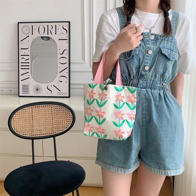 Women's Beauty Flower Canvas Bag Outside Shopping Toiletry Phone Oagnzier Storage Bags Korean Cloth Handbags Lunch Box Bento Bag
