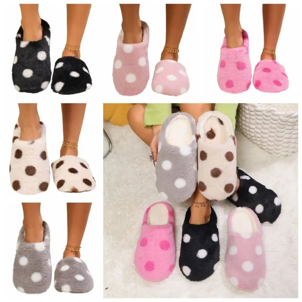 Silent Shoe Sole Soft Sole Plush Slide Slippers Casual Lightweight Dots Fur Slipper Anti-slip Patchwork House Flat Shoes Female