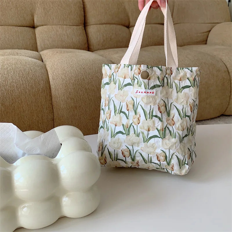 Women's Beauty Flower Canvas Bag Outside Shopping Toiletry Phone Oagnzier Storage Bags Korean Cloth Handbags Lunch Box Bento Bag