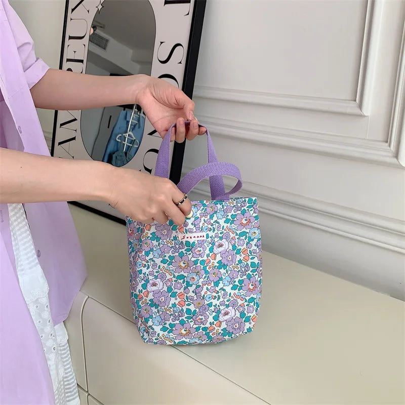 Women's Beauty Flower Canvas Bag Outside Shopping Toiletry Phone Oagnzier Storage Bags Korean Cloth Handbags Lunch Box Bento Bag