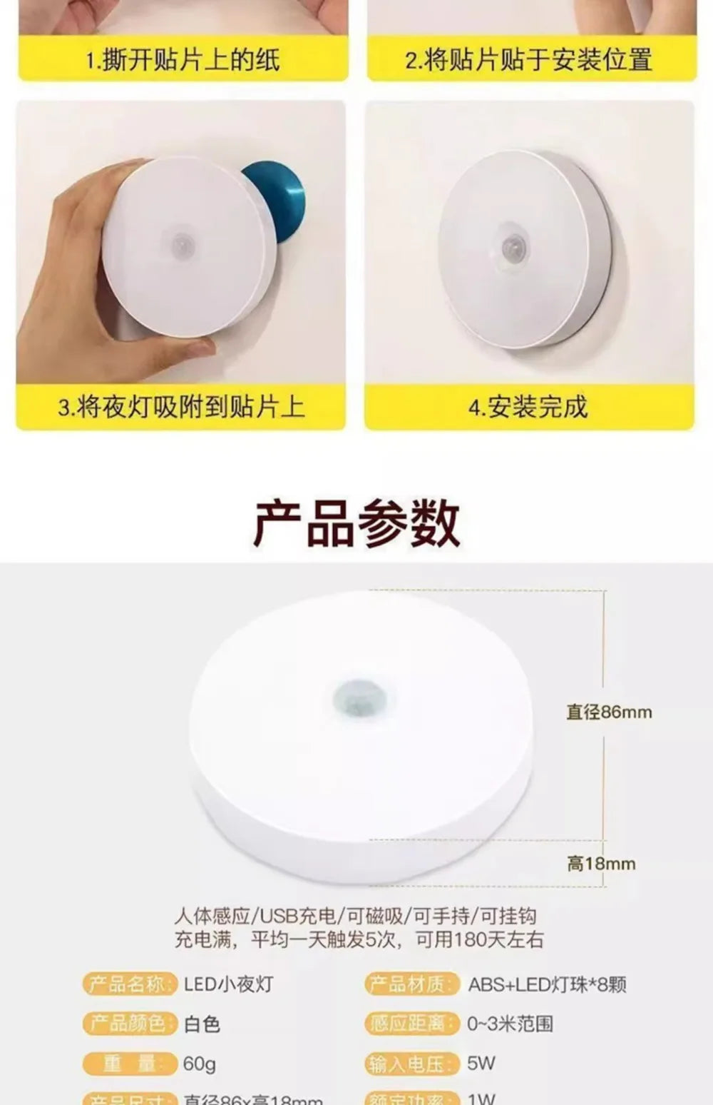 Motion Sensor LED Night Light USB Rechargeable Night Lamp for Kitchen Cabinet Wardrobe Lamp Staircase Wireless Closet Light