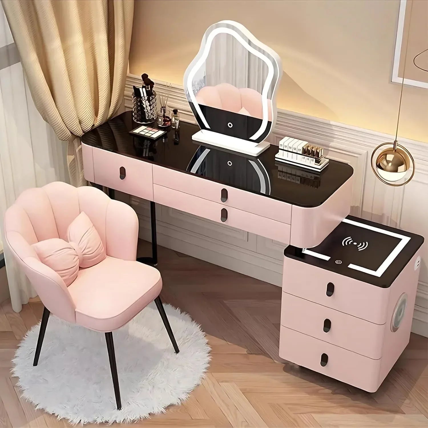 #Smart Bedroom Furniture Modern Simple Multi-functional Solid Wood Dressing Makeup Vanity Table With Wireless Charging