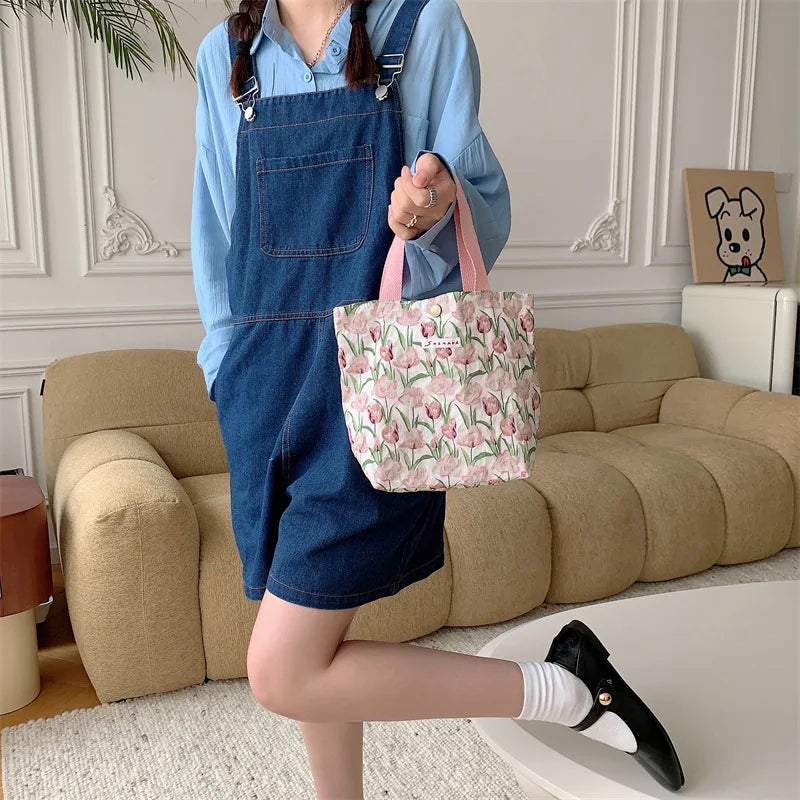 Women's Beauty Flower Canvas Bag Outside Shopping Toiletry Phone Oagnzier Storage Bags Korean Cloth Handbags Lunch Box Bento Bag