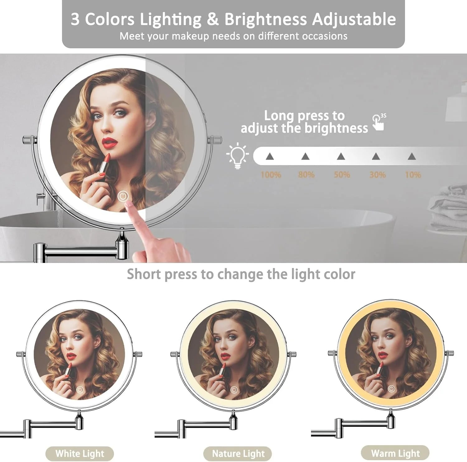 8" Wall Mounted Bathroom Makeup Mirror with 3 Color Light,Double Sided 1X/10X Magnifying Lighted Mirror LED Mirror for Shaving