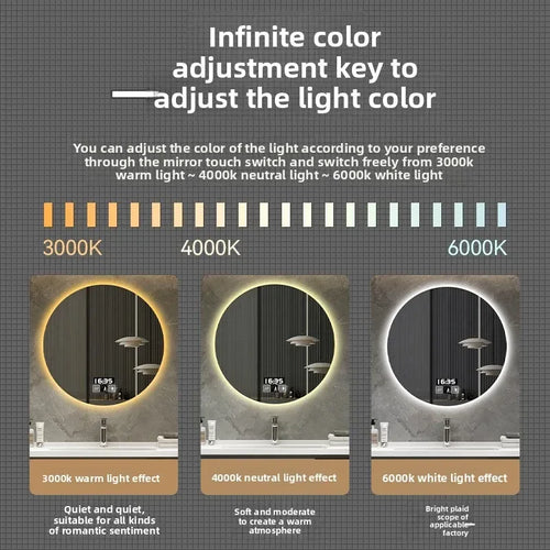 19 Inches Led Bathroom Anti-fog Luminous Makeup Sensor Wall Hanging Shower  Fashion Hotel Round Bathroom Mirror Intelligent