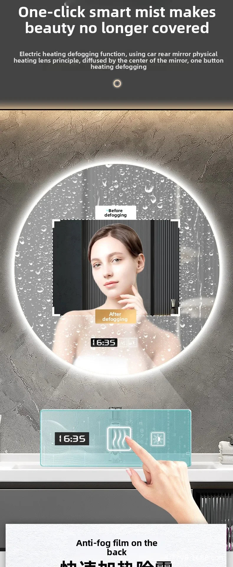 19 Inches Led Bathroom Anti-fog Luminous Makeup Sensor Wall Hanging Shower  Fashion Hotel Round Bathroom Mirror Intelligent