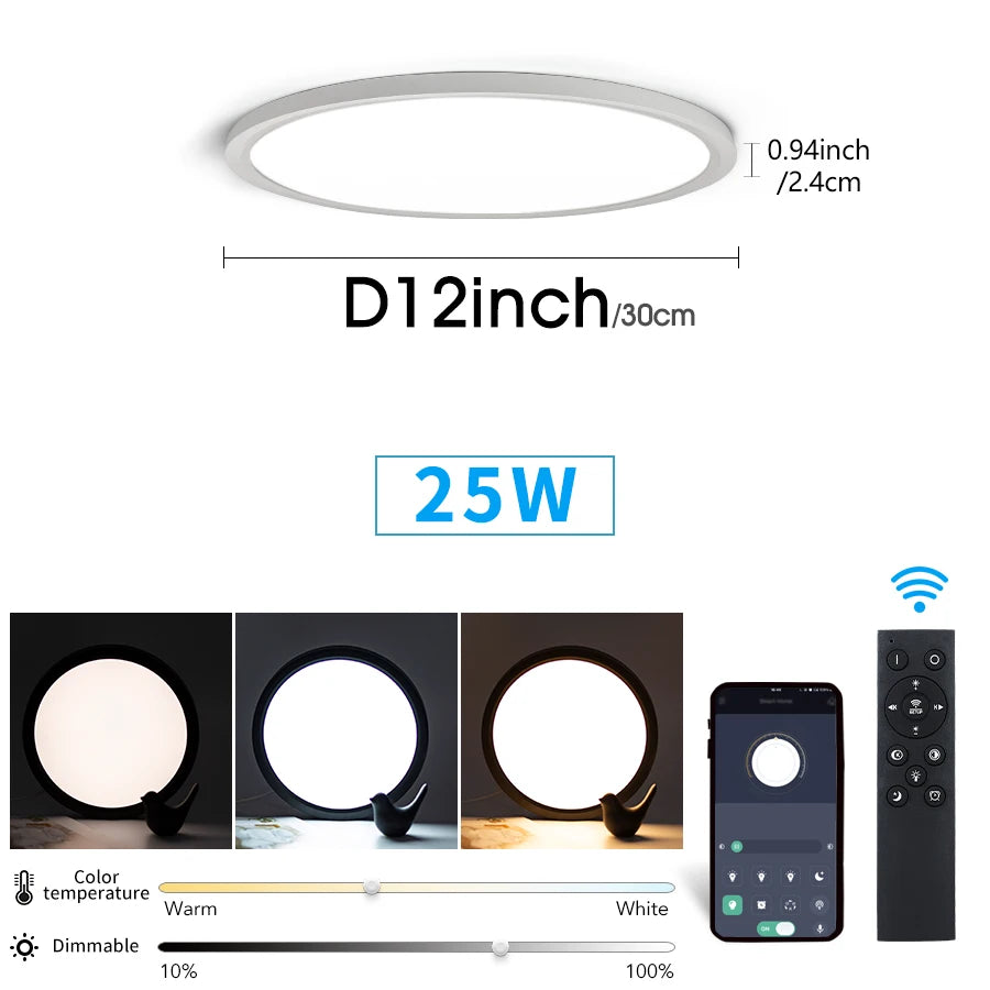 Smart Ceiling Lights 0.94 Inch Remote APP Control Ultra Thin Dimmable Modern Round LED Ceiling Lamp Bedroom Dining Room Kitchen