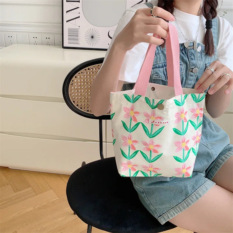 Women's Beauty Flower Canvas Bag Outside Shopping Toiletry Phone Oagnzier Storage Bags Korean Cloth Handbags Lunch Box Bento Bag