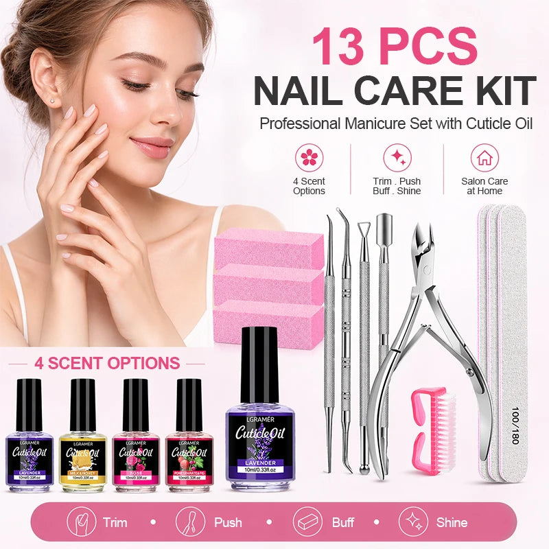 13Pcs Nail Files & Buffers,Manicure Tools Nail Care Kit with Nail File,Nail Buffer Block,Pusher Peeler,Cuticle Oil,Nail Prep Kit