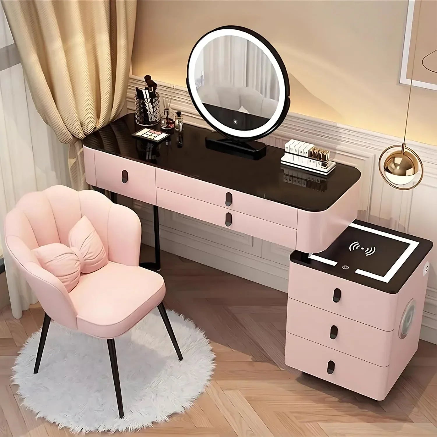 #Smart Bedroom Furniture Modern Simple Multi-functional Solid Wood Dressing Makeup Vanity Table With Wireless Charging