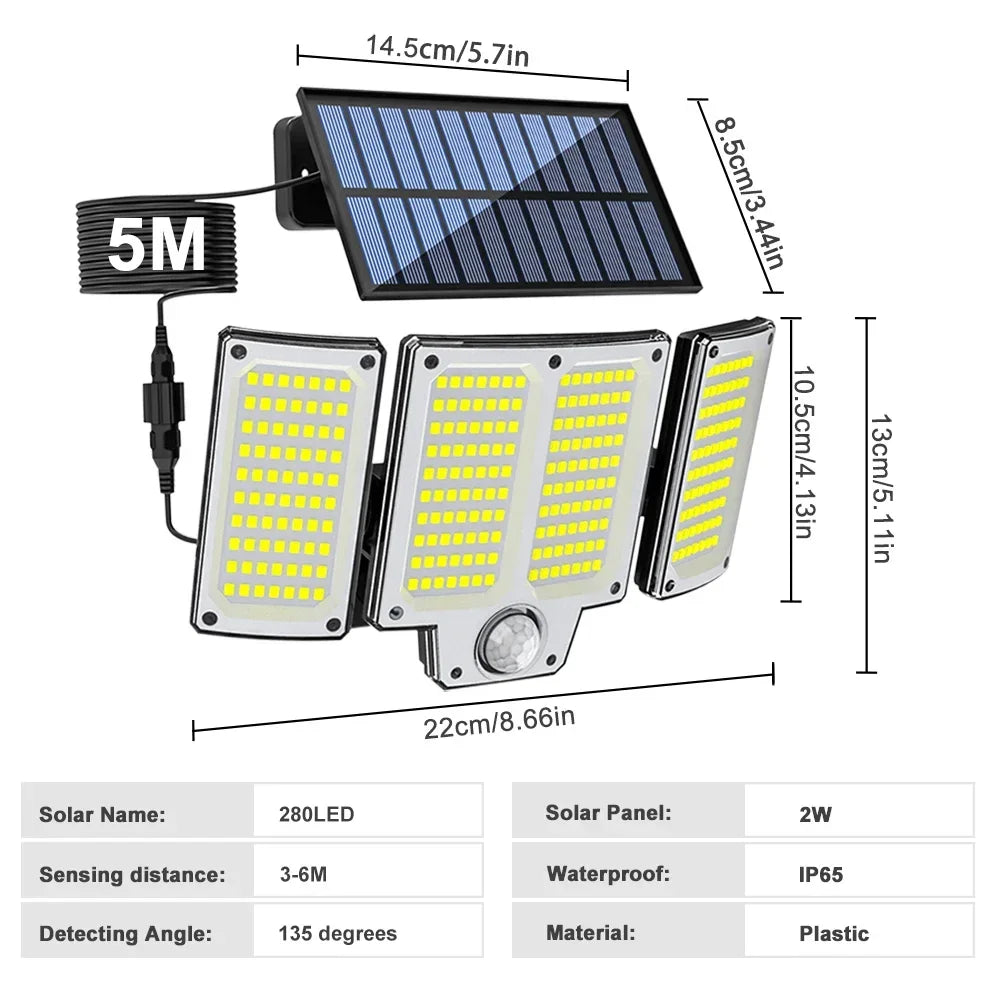 Solar Motion Sensor Lights with Remote,Outdoor Security Flood lights 3 Heads,3 Lighting Modes for Garden Camping 280 Leds-280LED