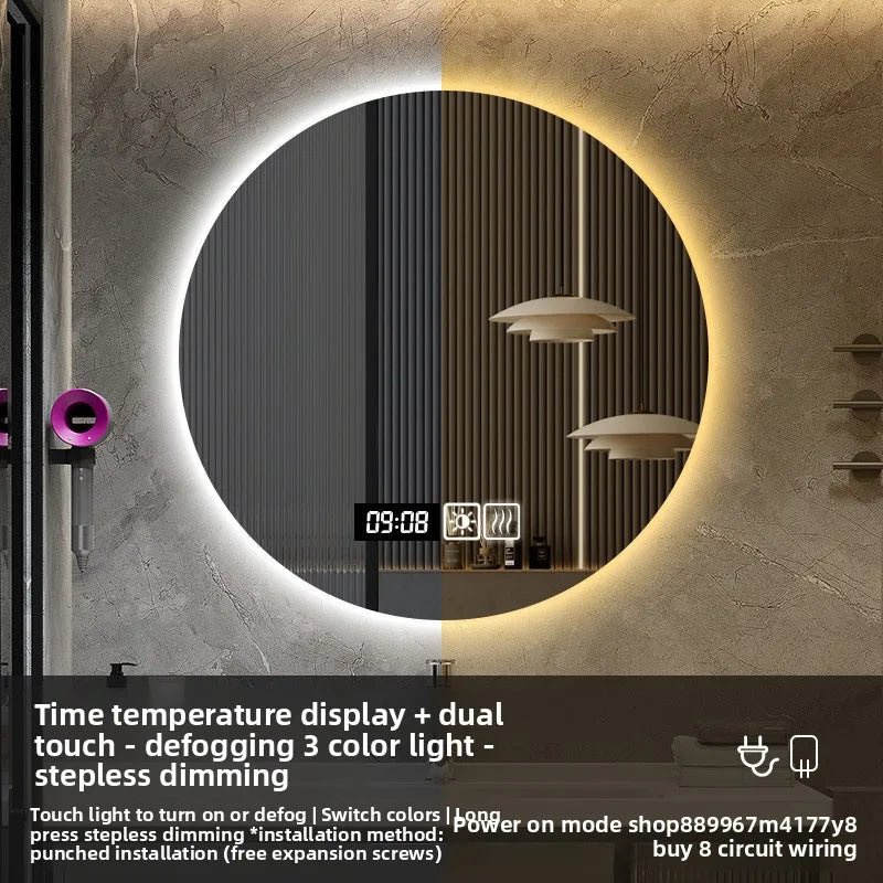 19 Inches Led Bathroom Anti-fog Luminous Makeup Sensor Wall Hanging Shower  Fashion Hotel Round Bathroom Mirror Intelligent