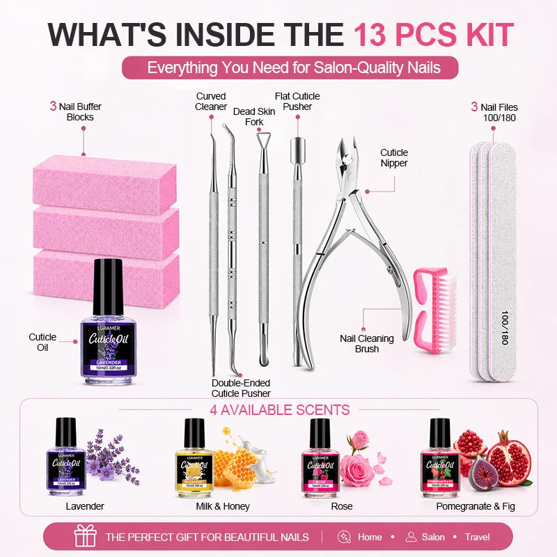 13Pcs Nail Files & Buffers,Manicure Tools Nail Care Kit with Nail File,Nail Buffer Block,Pusher Peeler,Cuticle Oil,Nail Prep Kit