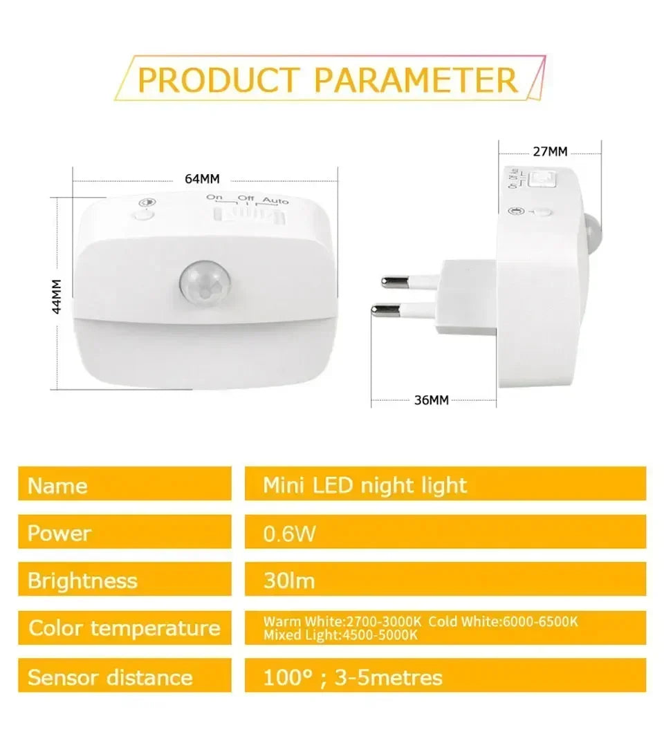 Motion Sensor LED Night Light 3 Color Temperature Plug in PIR Human Induction Lamp Bedroom WC Hallway Stair Emergency Lamp