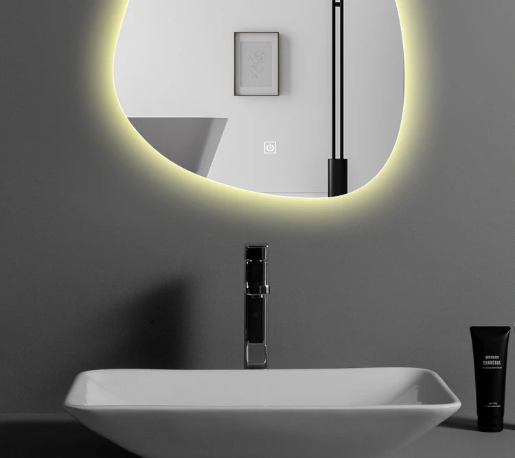 Upright Irregular Bathroom Mirror Smart 3 Color Adjustable LED Multifunction LIght With Bluetooth Speaker For Hotel Cloakroom