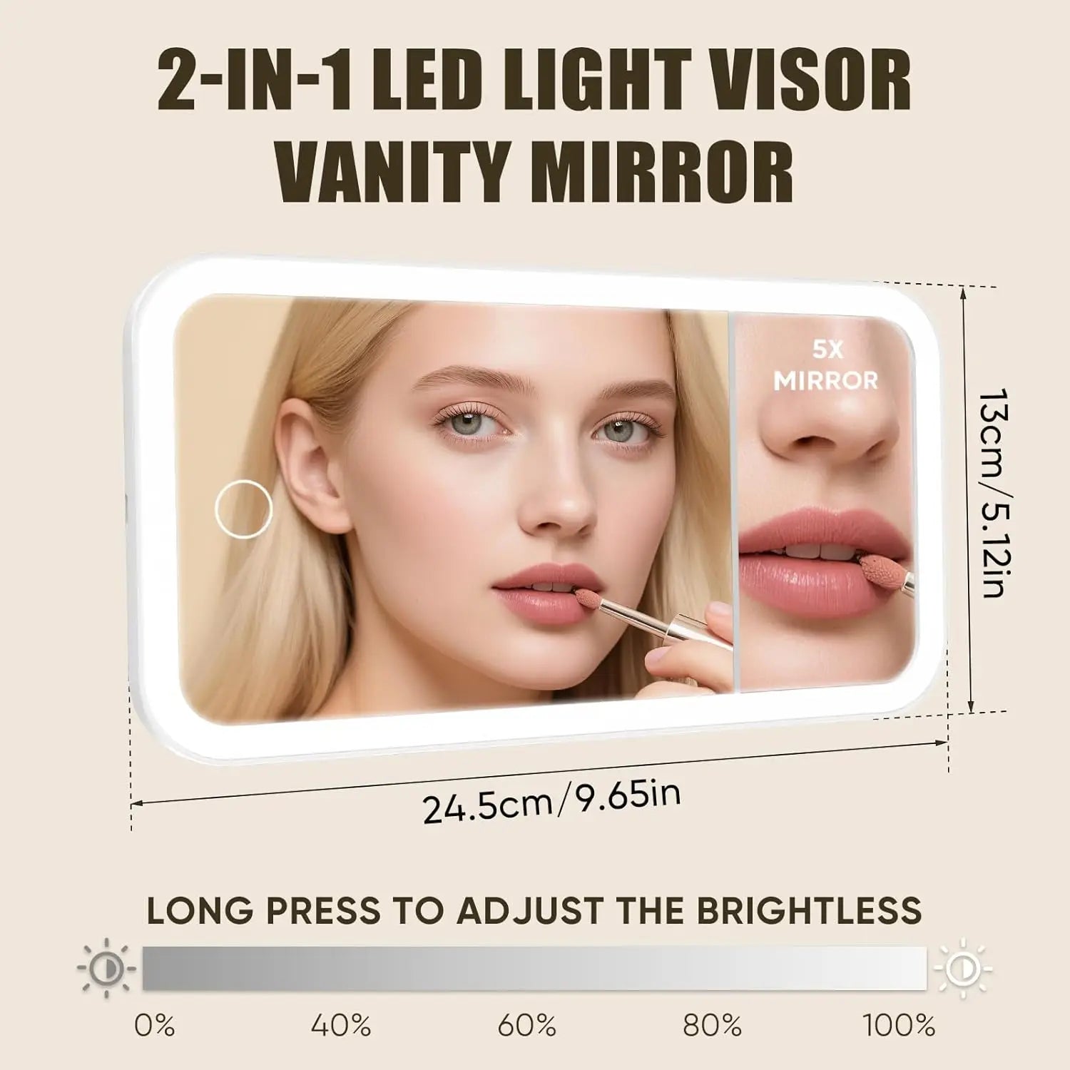 Car Vanity Makeup Mirror with Lights, Dimmable Touch Control LED Cosmetic Mirror with 5X Magnification, 3 Light Modes Looking