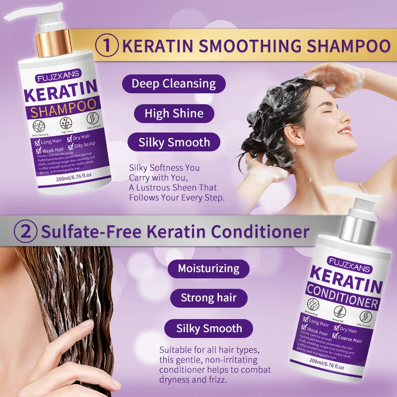 Keratin Shampoo and Conditioner Set, Professional Repairing & Smoothing Treatment for Dry Damaged Hair Anti-Frizz Hydrating Gift