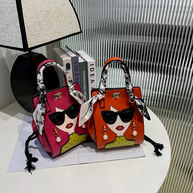 2024 Brand Beauty Glasses Handbags for Women High Quality PU Shoulder Bag Cute Scarf Purses and Crossbody Bag