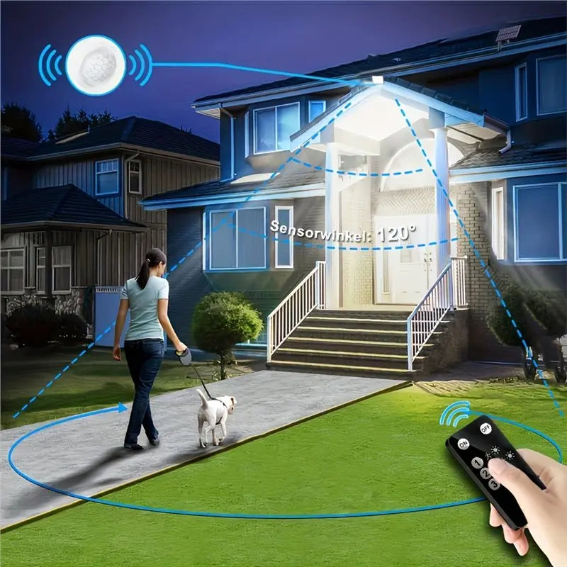 B84B-Motion Sensor Security Lamp With Remote Control, LED Solar Outdoor Light-Bright White Waterproof, 3 Modes 2-In-1 Floodlight