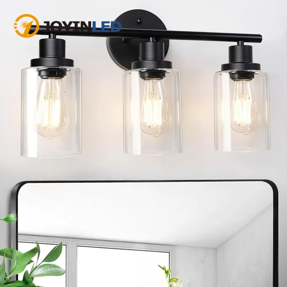 Modern Bathroom Mirror Wall Light Fixtures Black 3-Light Vanity Lights with Clear Glass for Bathroom Living Room Bedroom Hallway