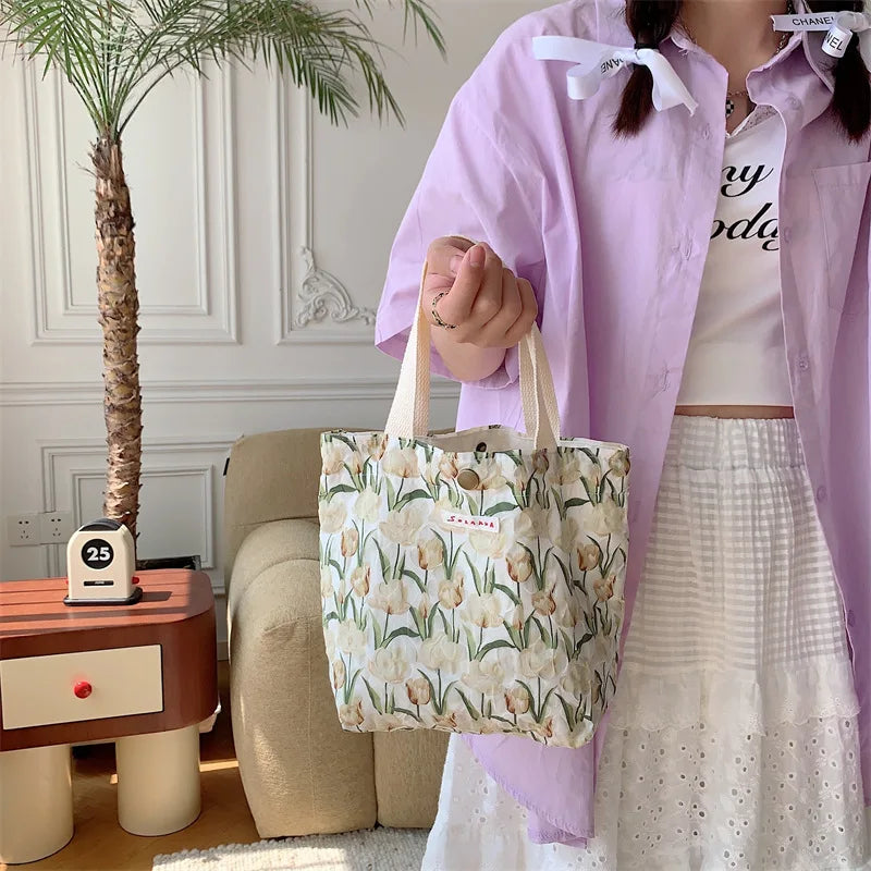 Women's Beauty Flower Canvas Bag Outside Shopping Toiletry Phone Oagnzier Storage Bags Korean Cloth Handbags Lunch Box Bento Bag