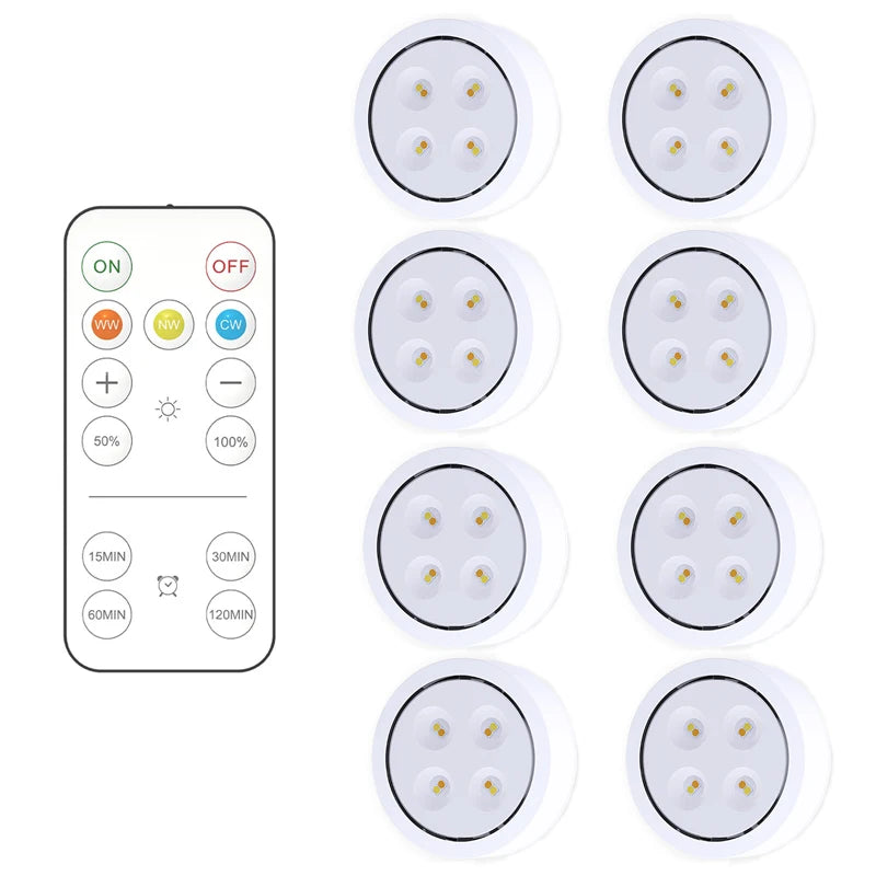 Smart Wireless Remote Control Dimmable Night Light Decorative Kitchen Closet Staircase Lighting 3 Colors 8 LED Puck Light