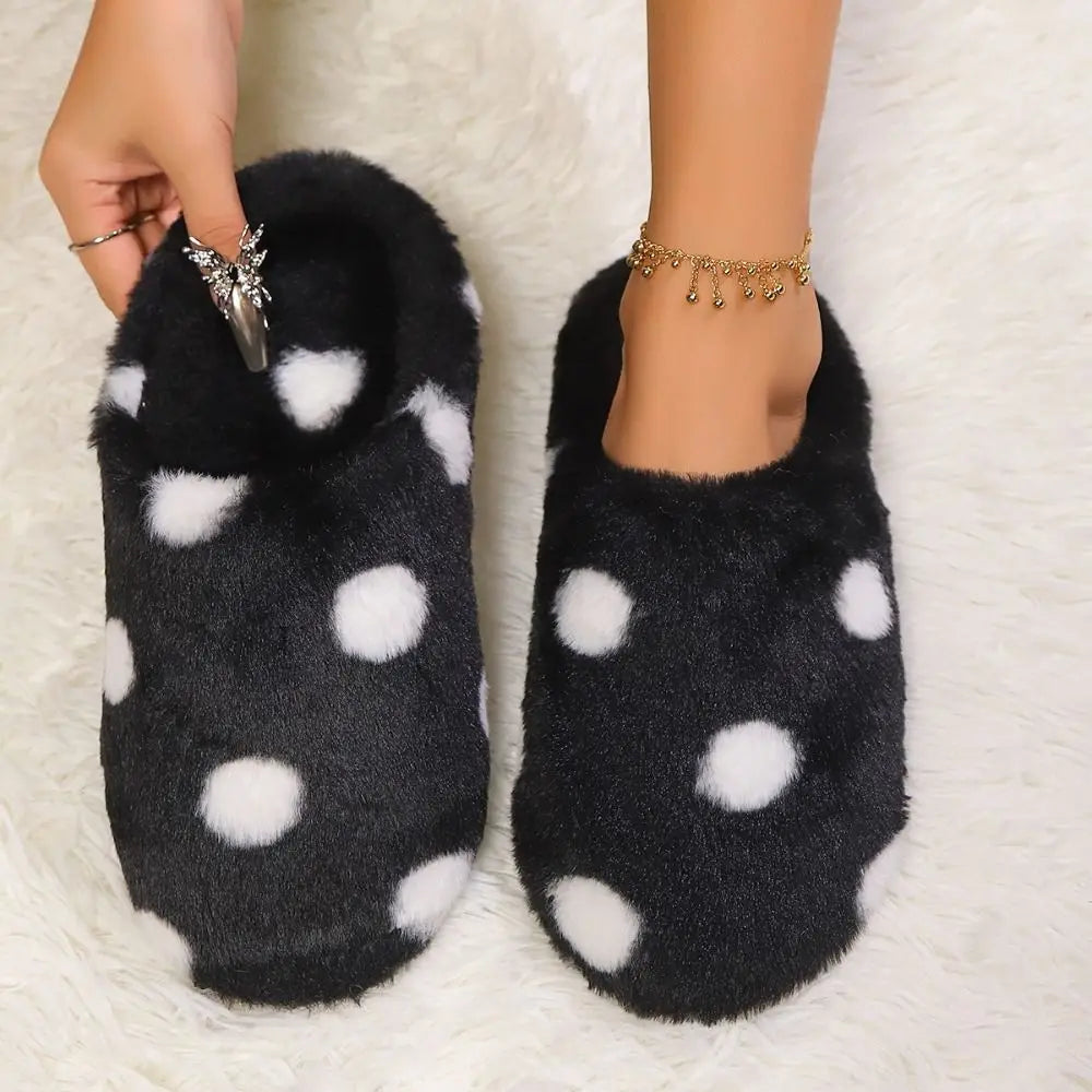 Silent Shoe Sole Soft Sole Plush Slide Slippers Casual Lightweight Dots Fur Slipper Anti-slip Patchwork House Flat Shoes Female