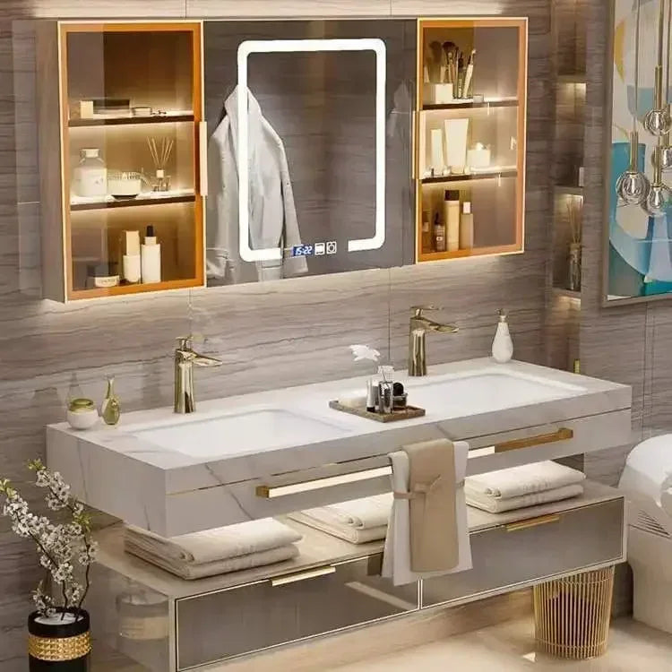 Modern Slate Bathroom Cabinet with Double Washbasin Smart Mirror Ceramic Bathroom Vanity Cabinets Under Sink Bathroom Furniture