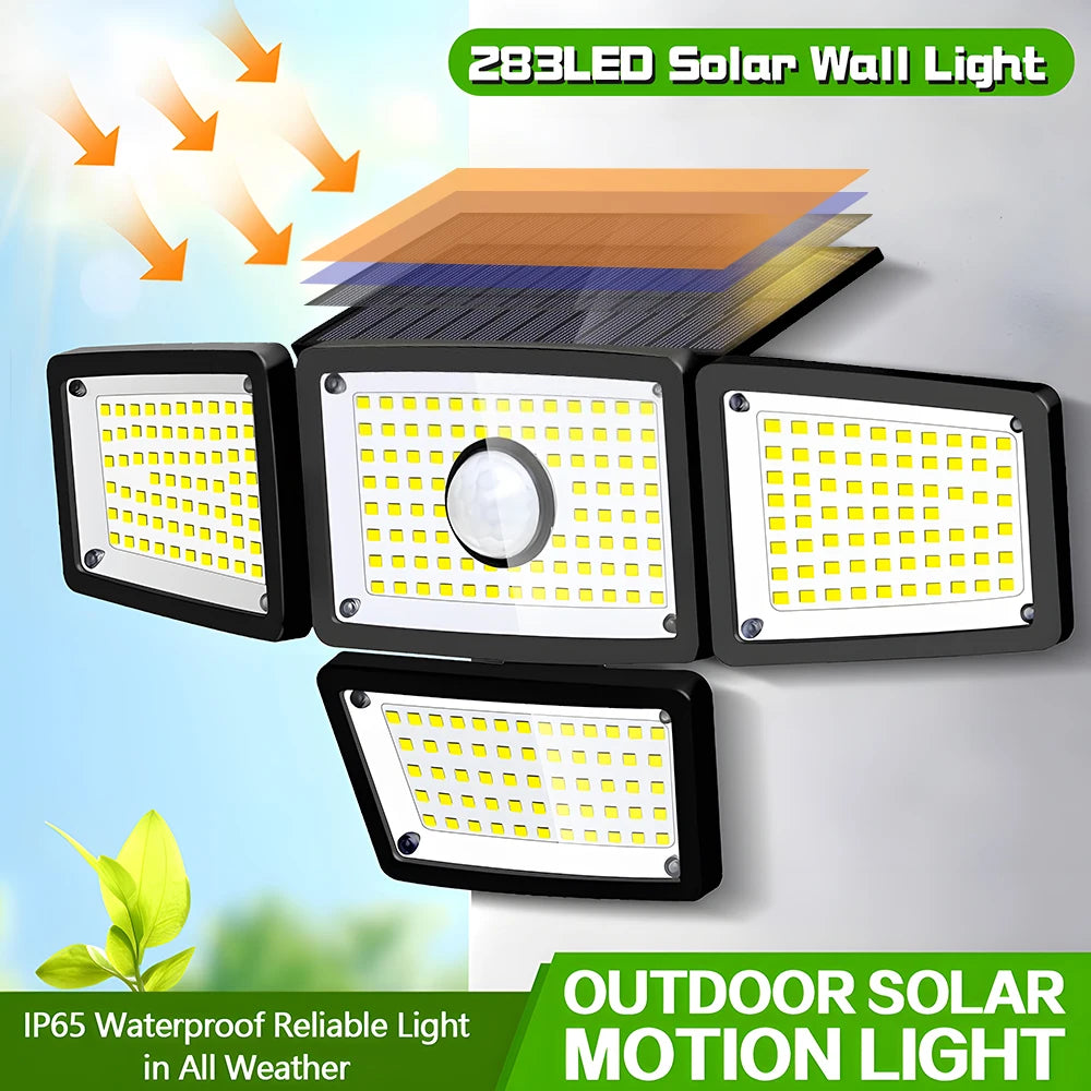 Solar Motion Sensor Flood Lights Outdoor, 283LED 3 Lighting Modes, 3 Head 360° Illumination IP65 Solar Security Lights for Porch