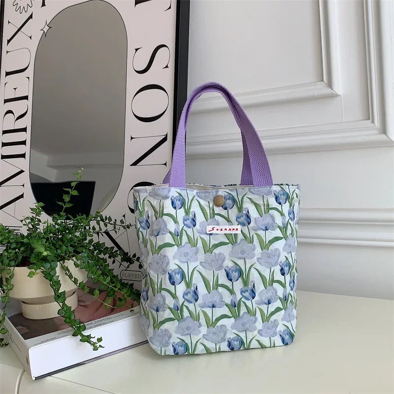 Women's Beauty Flower Canvas Bag Outside Shopping Toiletry Phone Oagnzier Storage Bags Korean Cloth Handbags Lunch Box Bento Bag