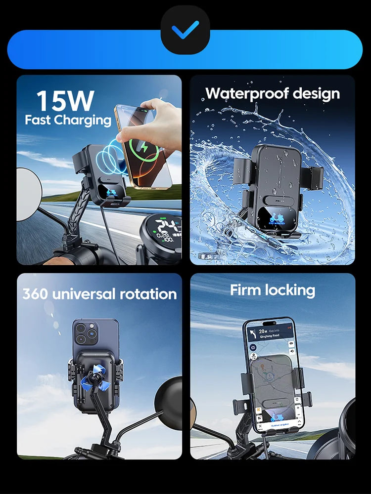 Motorcycle Accessories Wireless Charger Mobile Phone Holder Waterproof Sunshade Shockproof Bike Wireless Phone Charger Mount