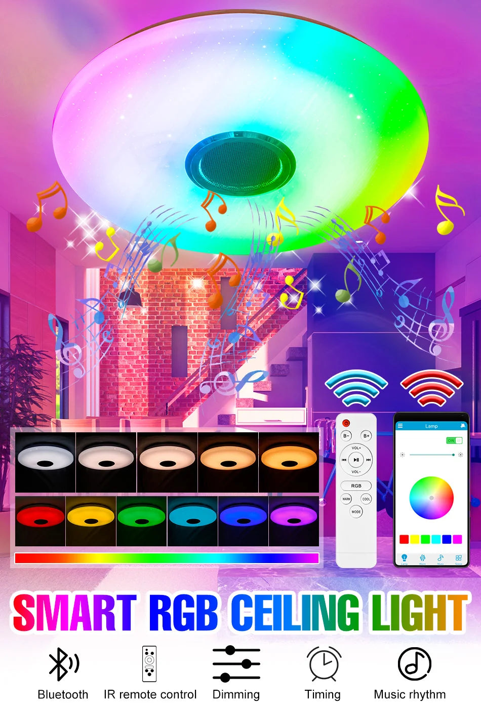 100W RGB Smart Lamp LED Ceiling Lights With Speakers Bluetooth Connection APP Remote Control For Home Bedroom Decoration Party