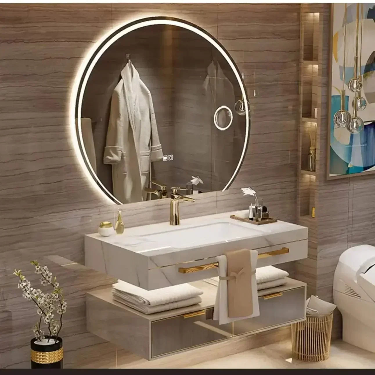 Modern Slate Bathroom Cabinet with Double Washbasin Smart Mirror Ceramic Bathroom Vanity Cabinets Under Sink Bathroom Furniture