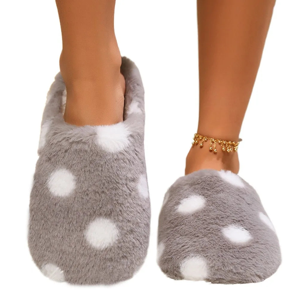 Silent Shoe Sole Soft Sole Plush Slide Slippers Casual Lightweight Dots Fur Slipper Anti-slip Patchwork House Flat Shoes Female