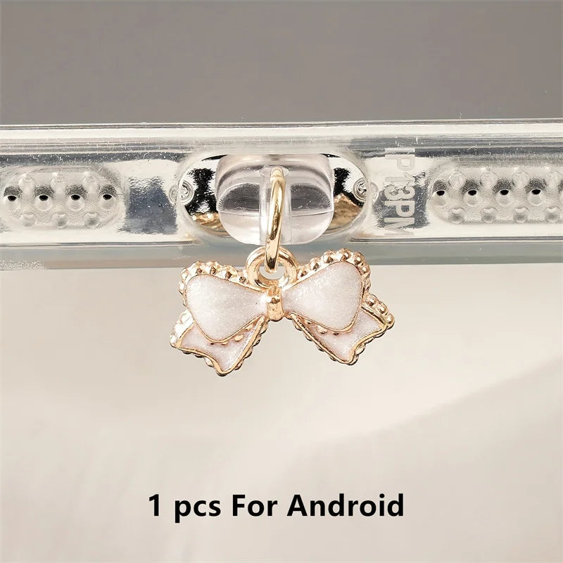 1pc Beautiful Pink and White Bowknot Phone Dust Plug for iPhone/Type-C /Android Mobile Phone Pendant Accessories Gift for Lovers
