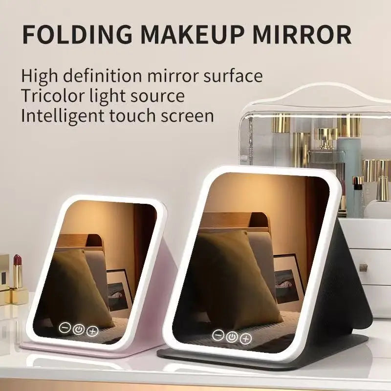 LED Makeup Mirror 3 Colors Light Portable Vanity with Adjustable Brightness USB Charging Foldable for Travel And Home Use