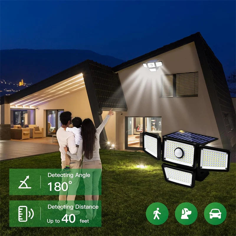 Solar Motion Sensor Flood Lights Outdoor, 283LED 3 Lighting Modes, 3 Head 360° Illumination IP65 Solar Security Lights for Porch