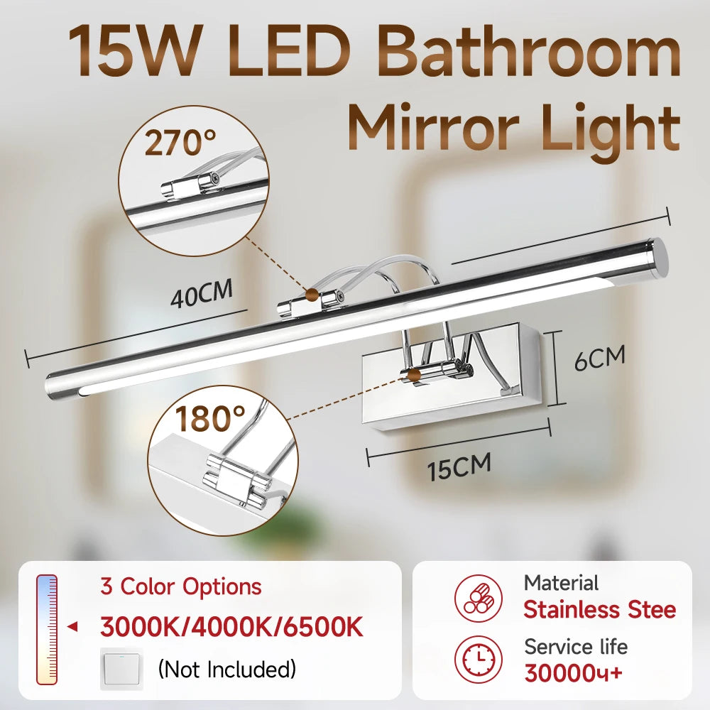 LED Mirror Light Bathroom Wall Lamp Waterproof Room Decoration 3 Colors Dimming Modern Mirror Lamp for Bedroom Vanity Washroom