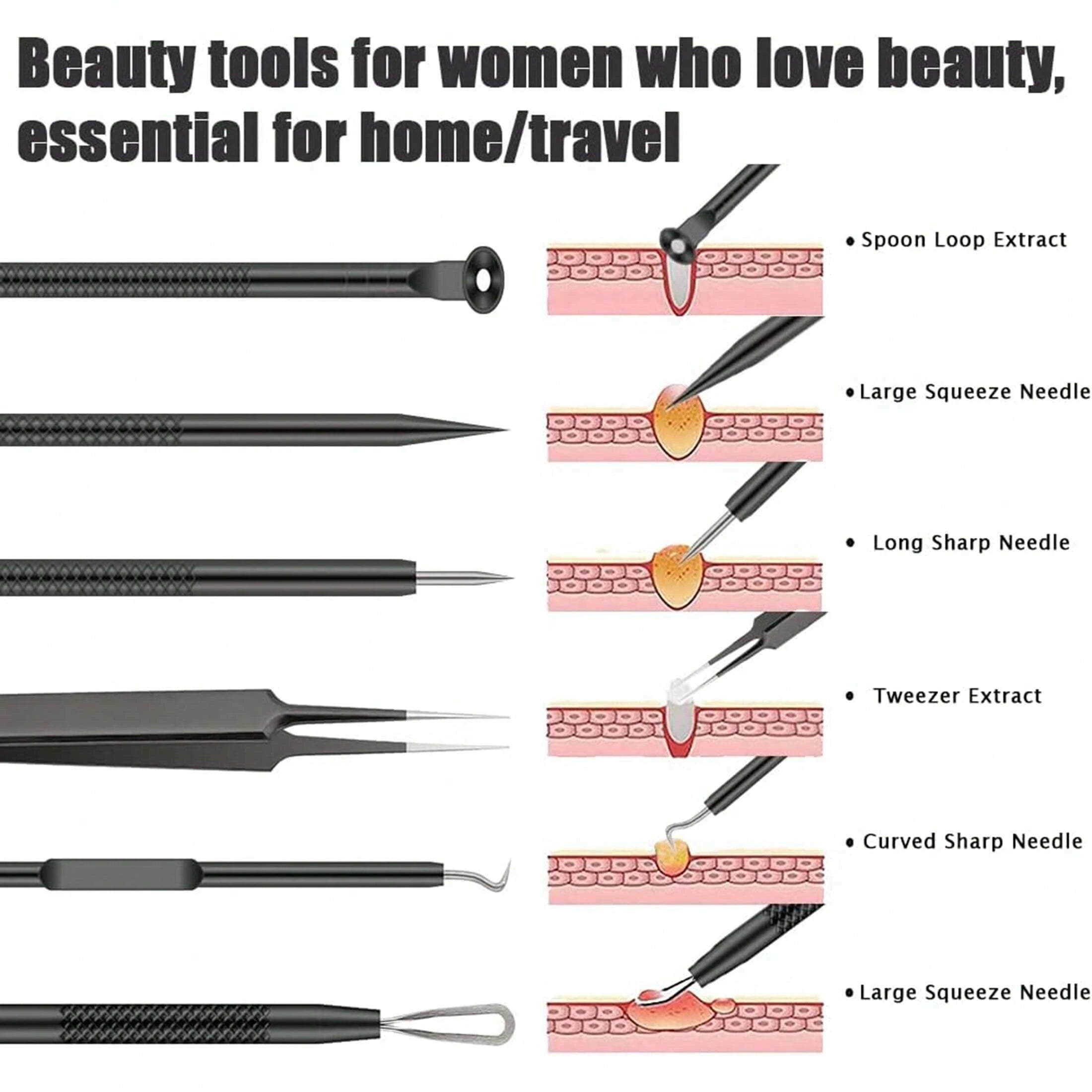6-Piece Acne Tool Set Blackhead Extractor Facial Care - Facial Acne Removal Tweezers and Needle Stainless Steel Care Tools