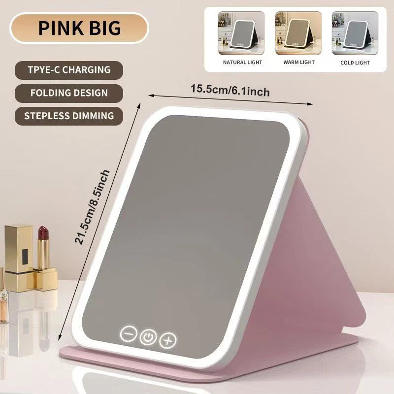 LED Makeup Mirror 3 Colors Light Portable Vanity with Adjustable Brightness USB Charging Foldable for Travel And Home Use
