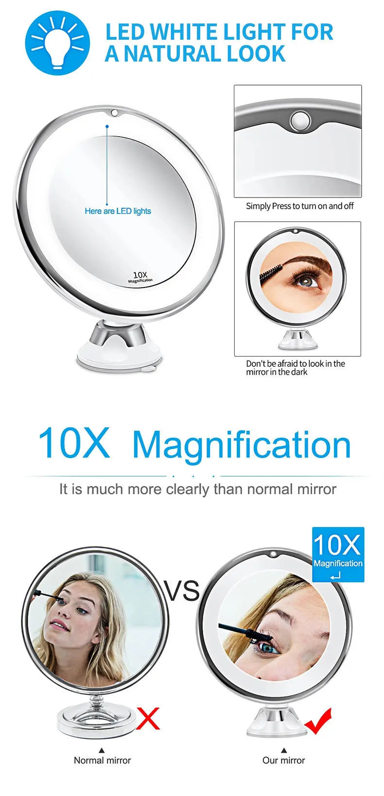 Flexible 10x Magnifying Vanity Mirror with LED Lighted Bathroom Makeup Mirror Lighting Dressing Makeup Lamp Bottom Sucker