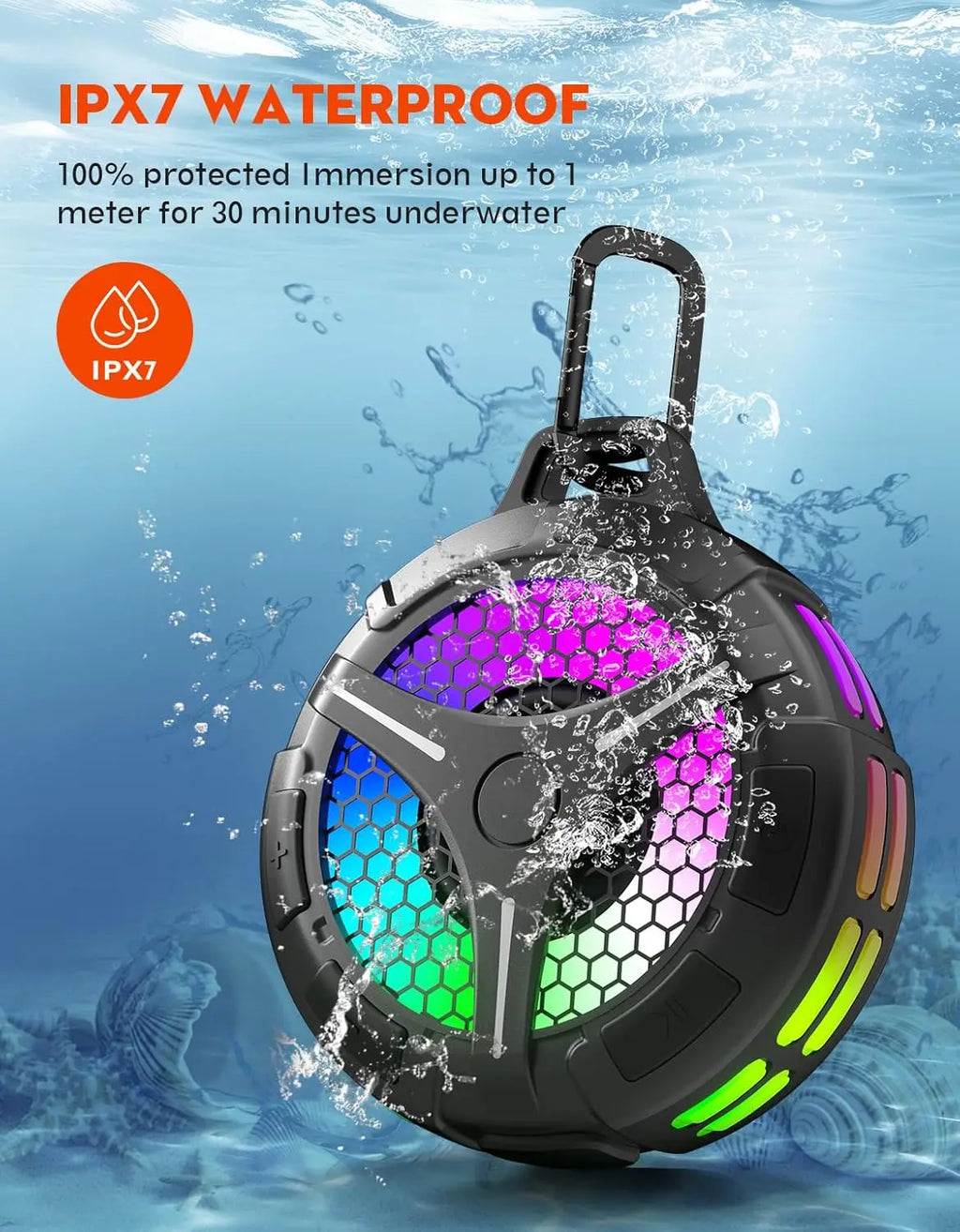 Bluetooth Shower Speaker, IP67 Waterproof Portable Speakers, Small Outdoor Speaker with LED Light, True Wireless Stereo for Home