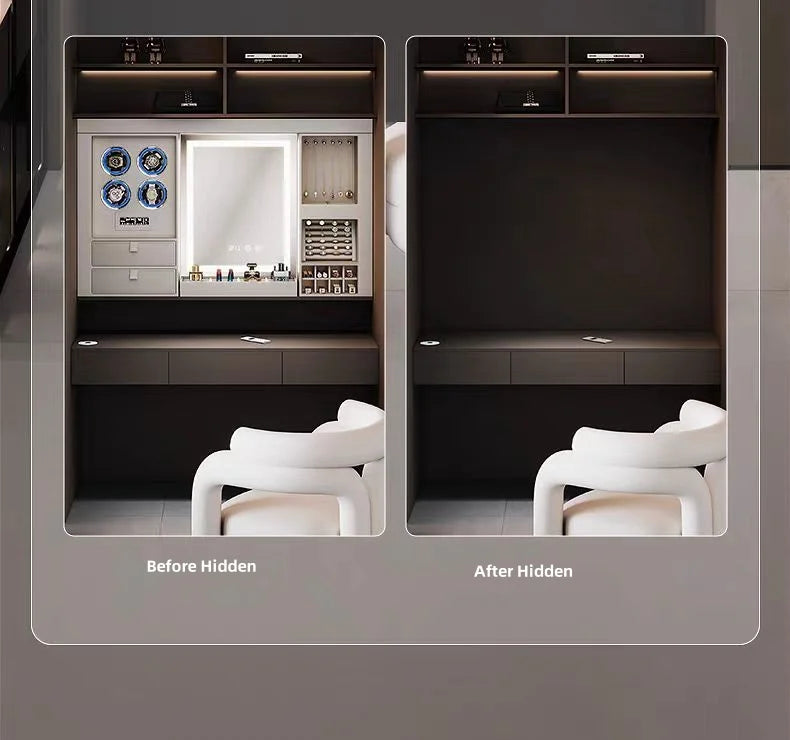 Smart Modern Dressing Table LED Lighted Mirror Intelligent Wardrobe Accessories for Bedroom Bathroom Metal Storage Wood Panel