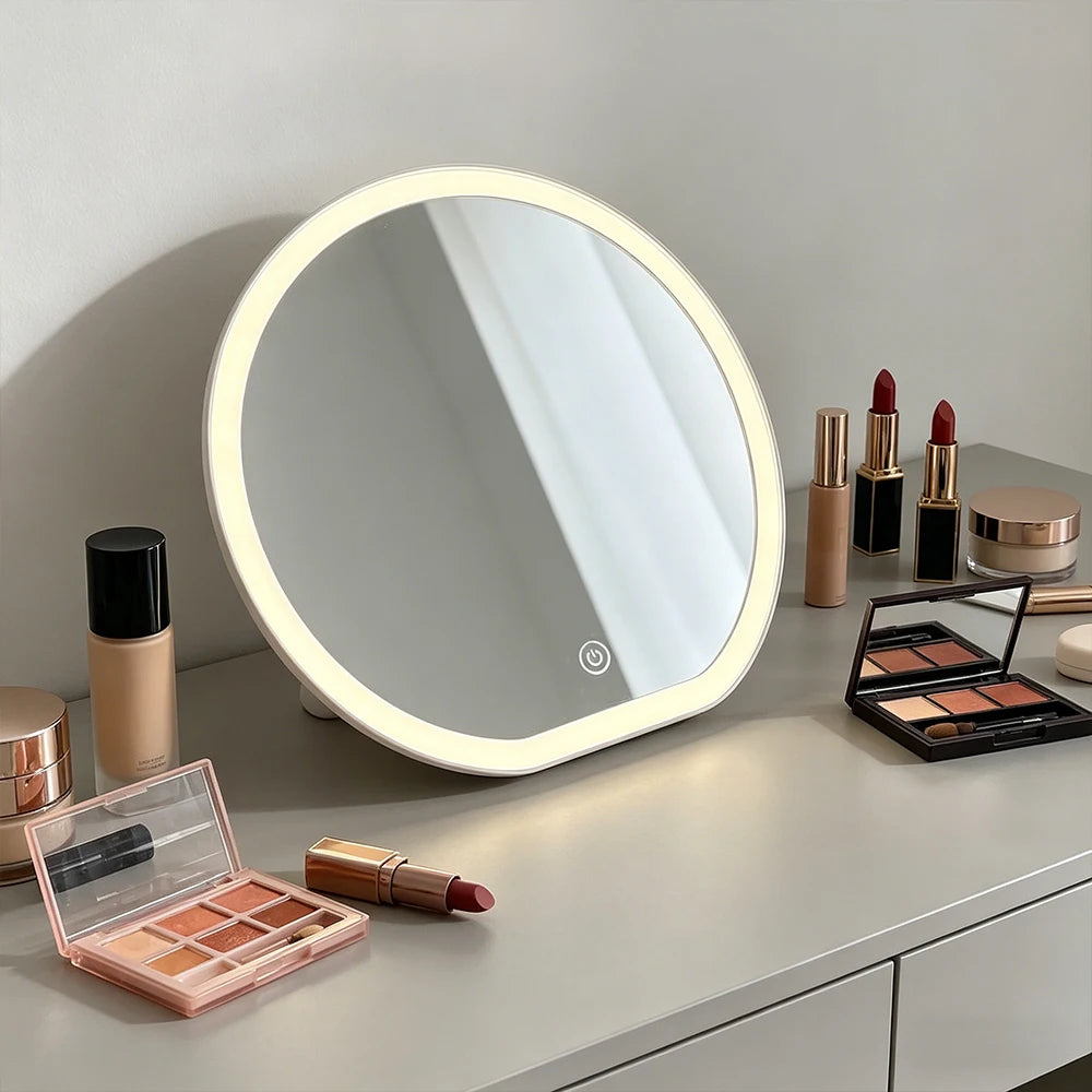 Round LED Lighted Makeup Mirror With Smart Touch Button Adjustable Brightness HD Cosmetic Vanity Mirror For Bedroom Dressing