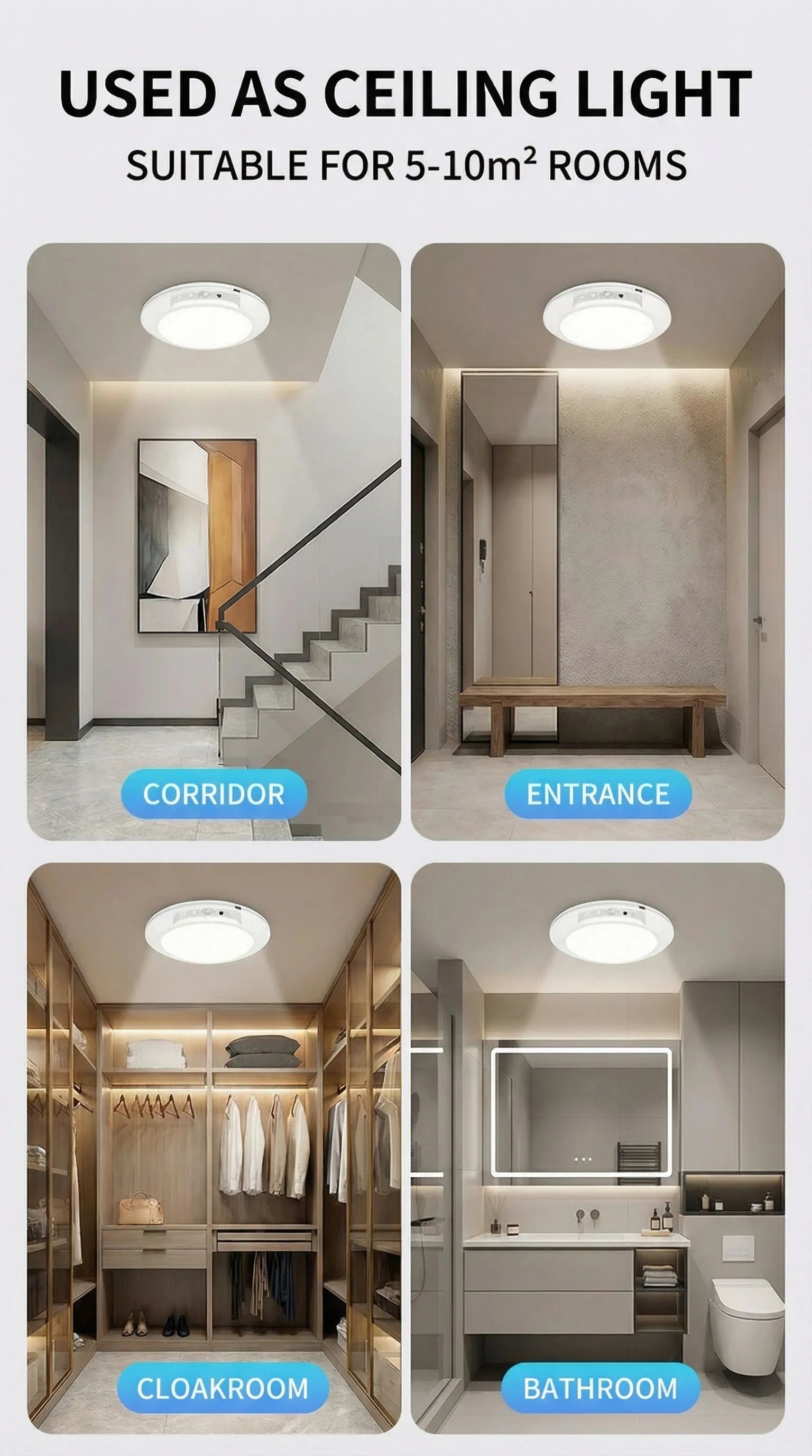 Motion Sensor Rechargeable LED Ceiling Light Round Wireless Security Light for Hallway Stairs Corridor Indoor Home Entryway
