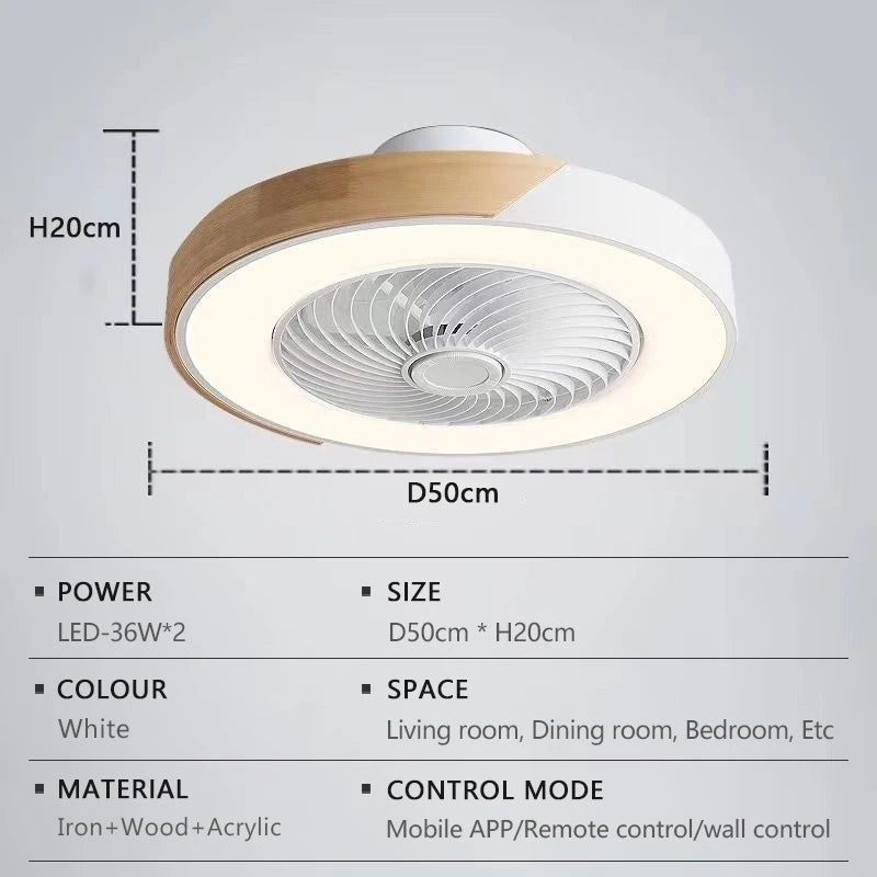 Smart LED Ceiling Fan with Light Wood Living Room Bedroom APP Remote Control 6 Speed Low Floor Electric Fan 52CM Fan Lighting