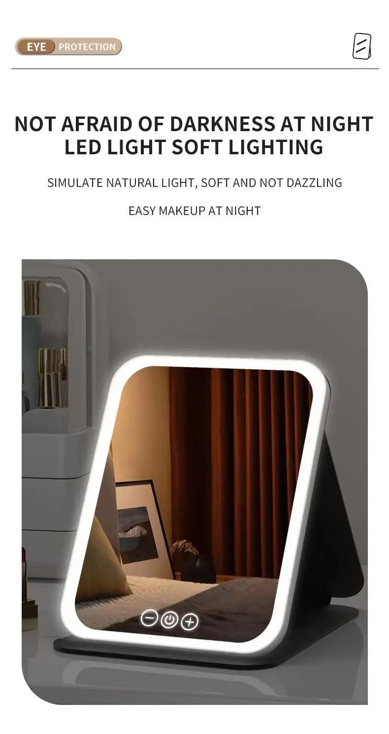 LED Makeup Mirror 3 Colors Light Portable Vanity with Adjustable Brightness USB Charging Foldable for Travel And Home Use